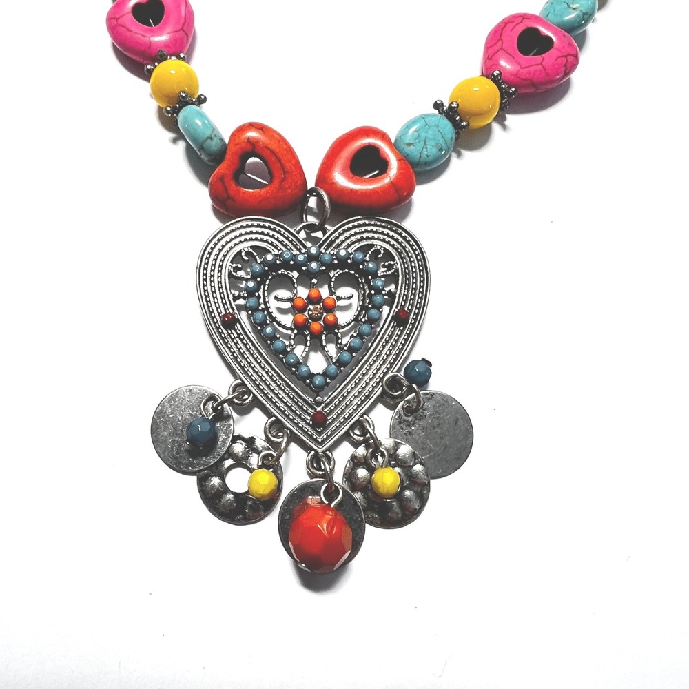 Boho Colorful Heart Statement Necklace Ornate Pendant Y2K Art Bold Vtg Inspired - Picture 4 of 5